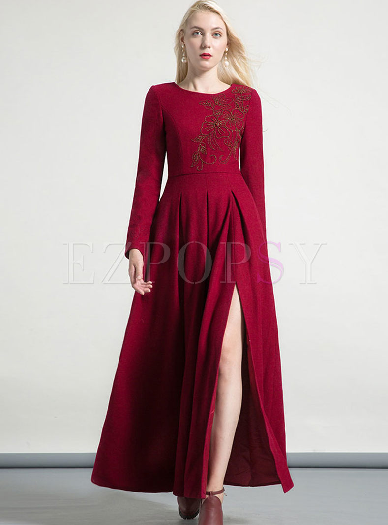 Red Split Big Hem Long Sleeve Maxi Dress