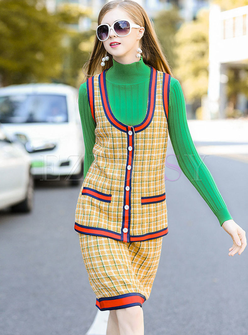 Green Turtle Neck Sweater & Plaid Bodycon Two-piece Outfits