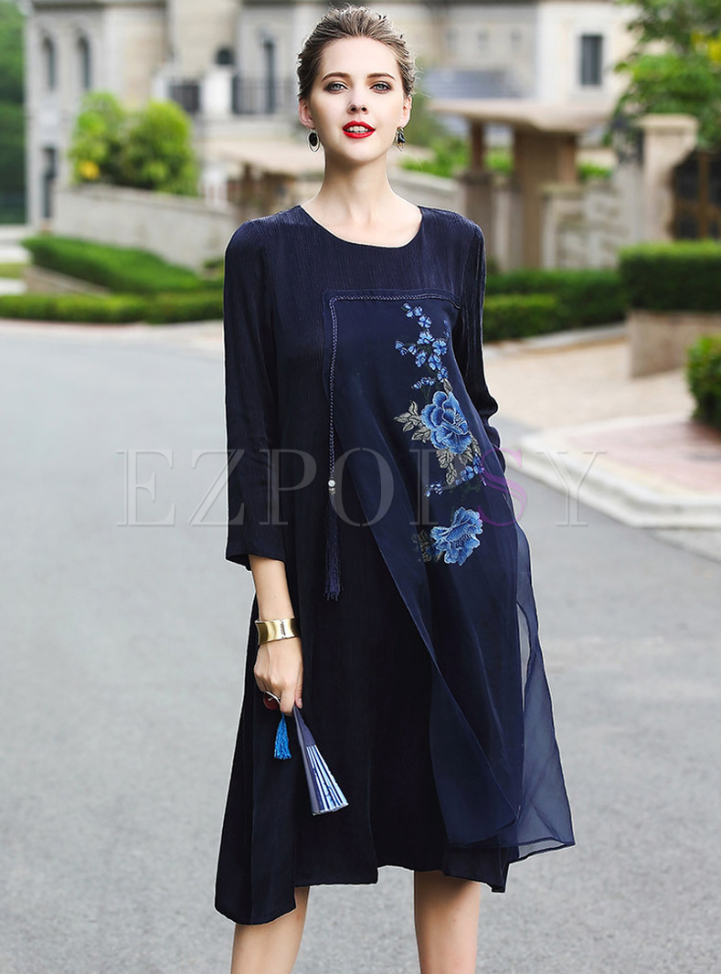 Vintage Loose Embroidery Mesh Patch Shift Dress