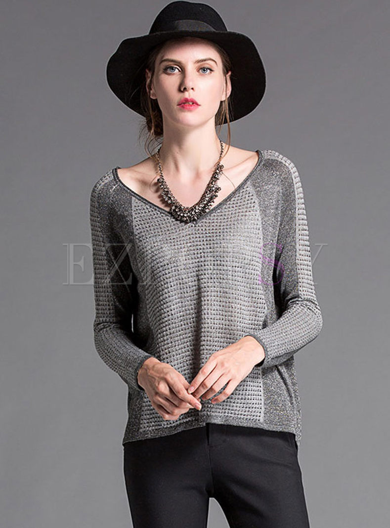 Loose V-neck Color-blocked Long Sleeve Sweater