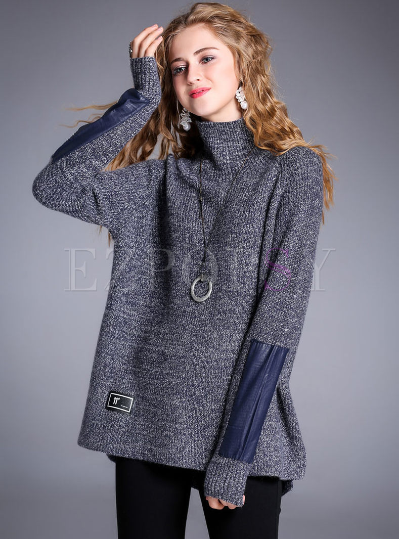 Loose Turtle Neck Patch Long Sleeve Sweater