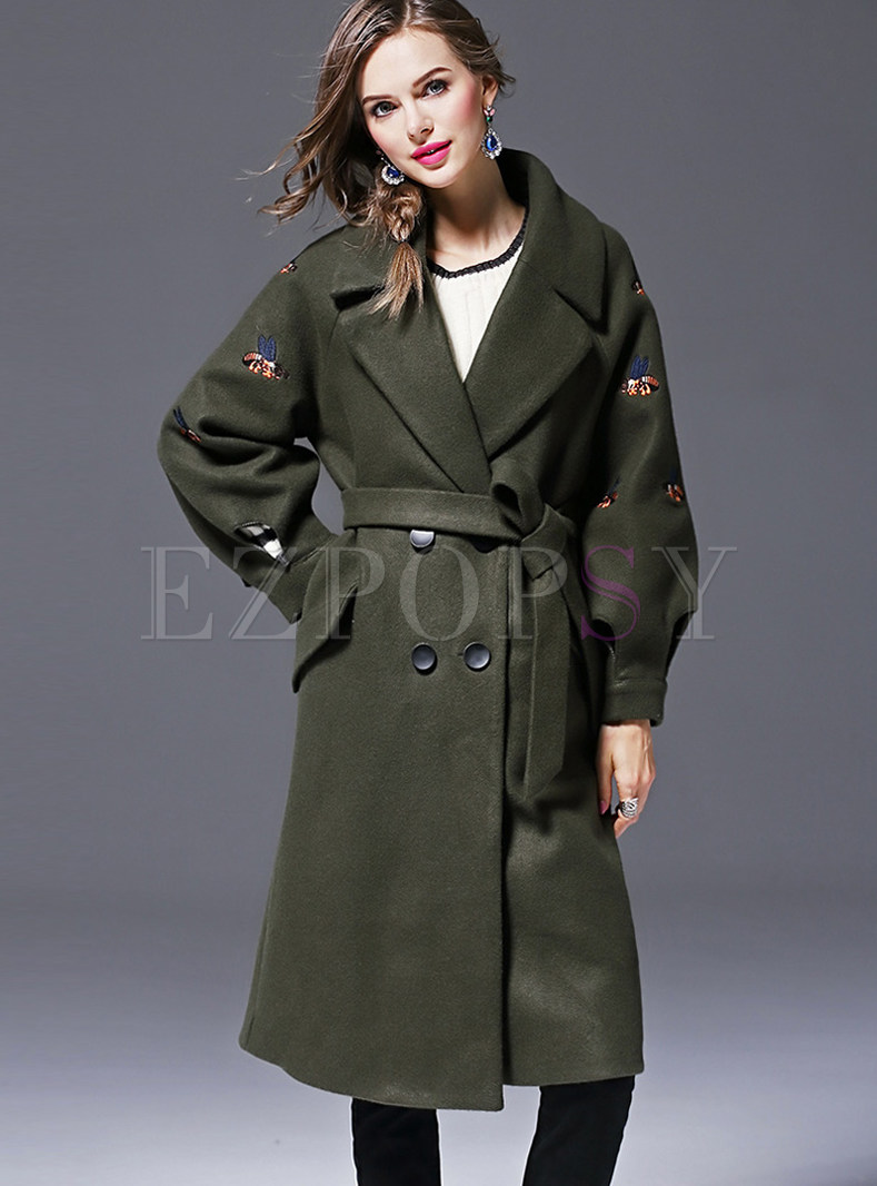 Fashion Embroidery Double-breasted Belted Coat