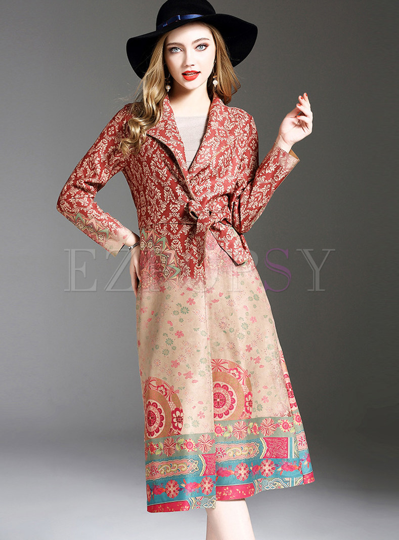 Ethnic Notched Belted Trench Coat