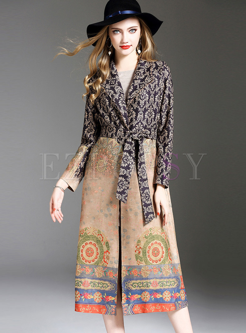 Ethnic Notched Belted Trench Coat