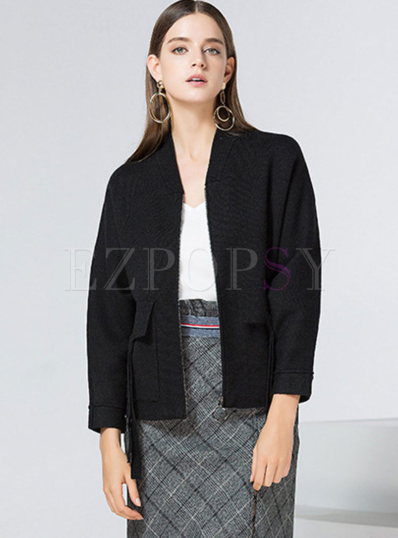 Street V-neck Zipper Long Sleeve Knitted Coat