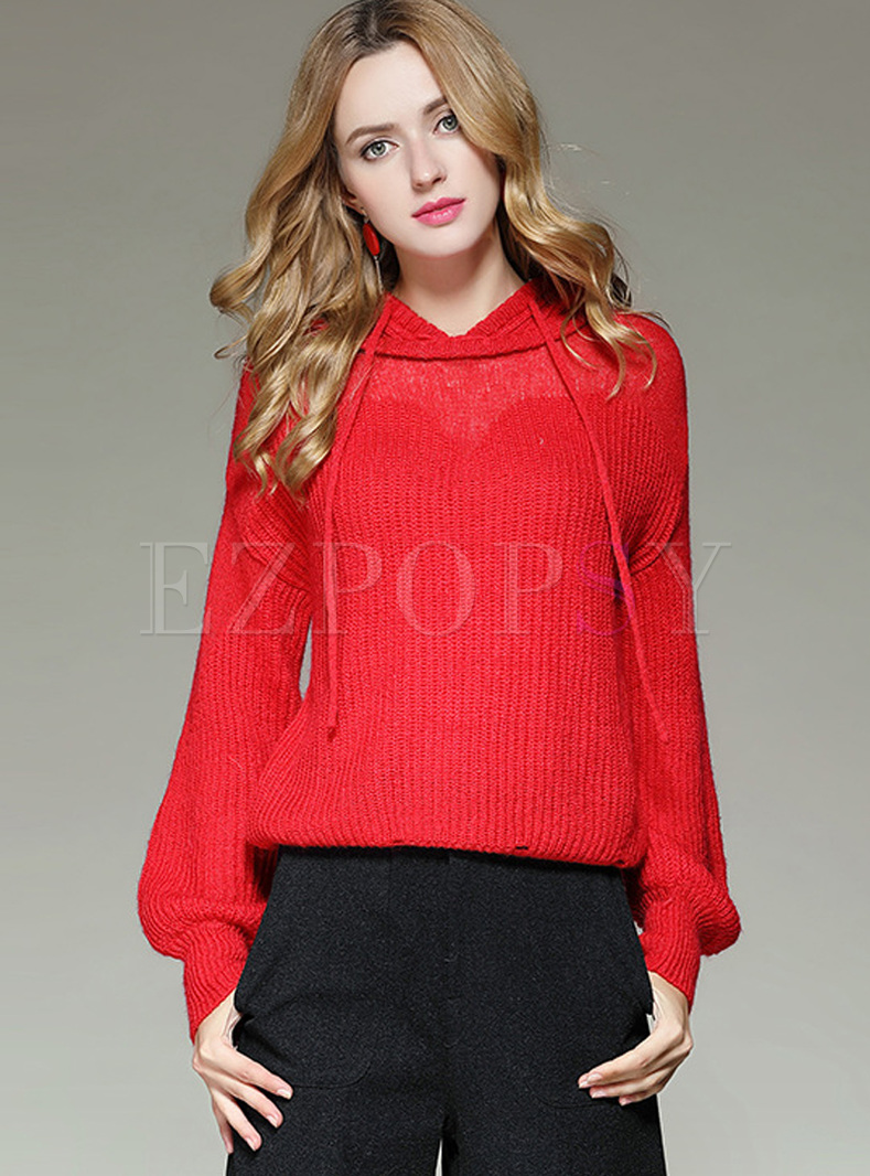 Red Loose Hooded Tied Pullover Sweater