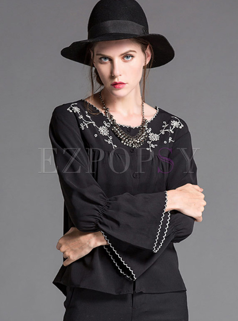 Black Brief Bell Sleeve Single-breasted O-neck Blouse