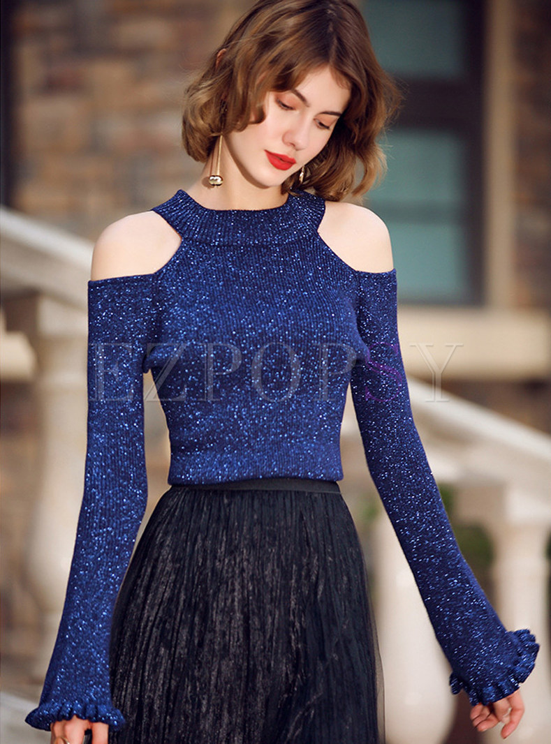 Blue Sexy Off-shoulder Bell Sleeve Sweater
