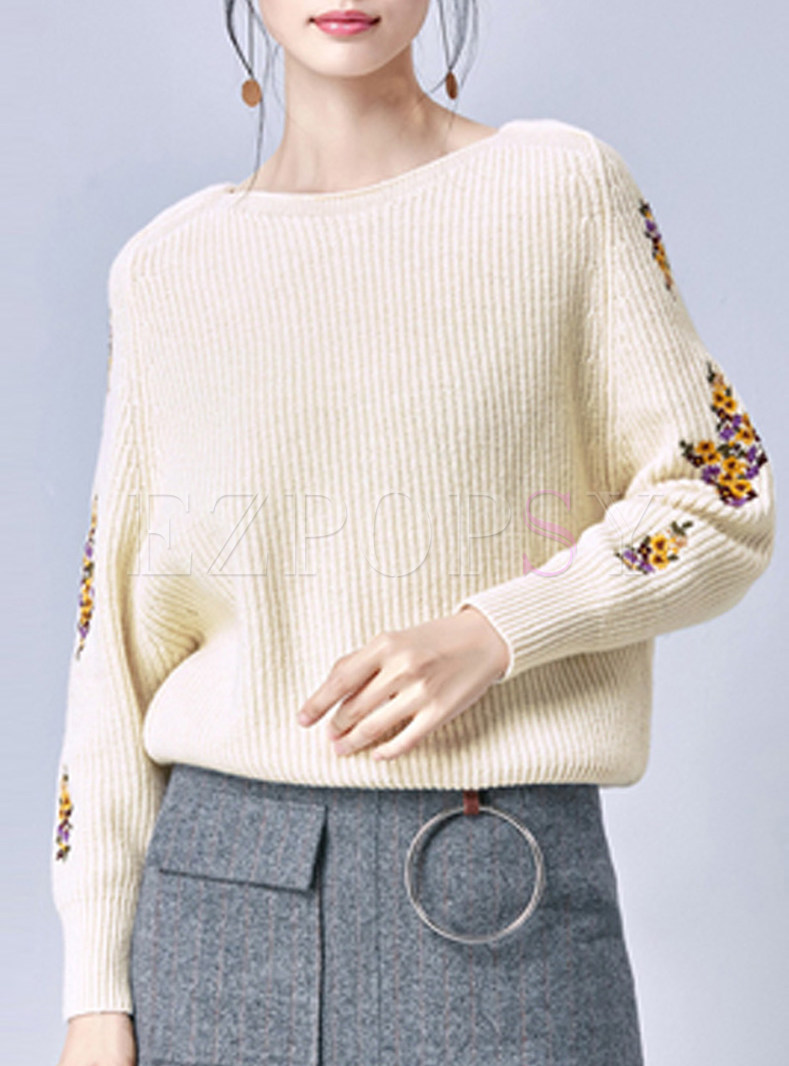Sweet Slash Sleeve Embroidery Sweater