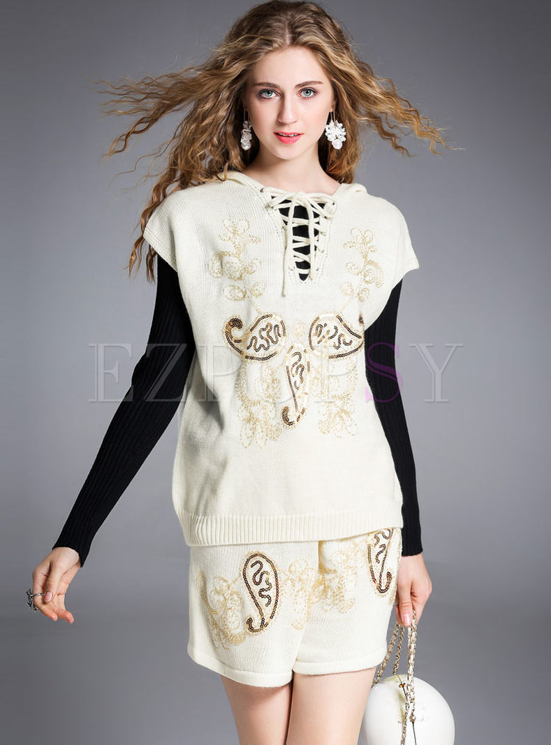 Sequins Cording Short Sleeve Knitted Two-piece Outfits