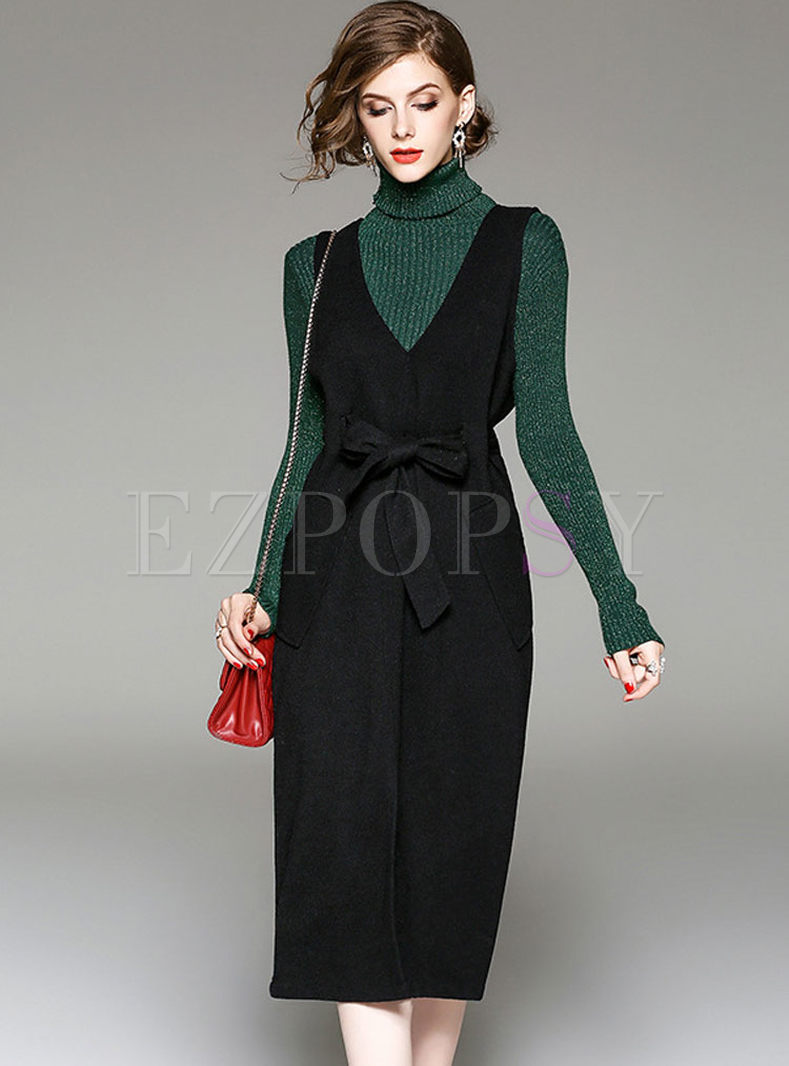 Green Turtle Neck Knitted Sweater & Black Woolen Belted Overalls
