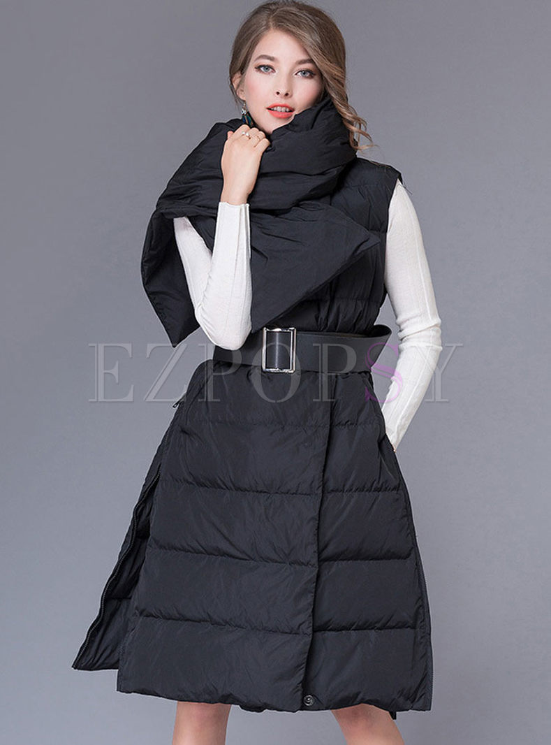 Stylish Sleeveless Belted Down Coat With Neckerchief
