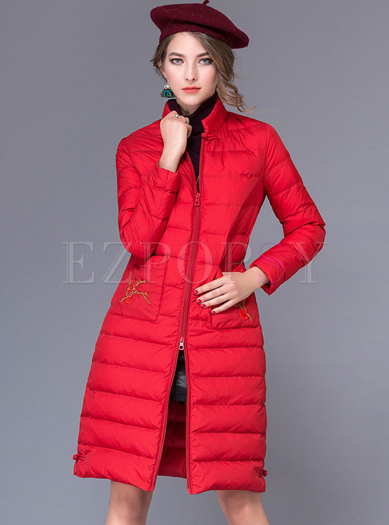 Ethnic Embroidery Stand Collar Down Coat