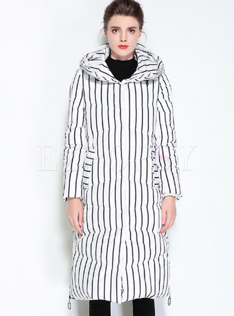 White Brief Vertical Striped Hooded Down Coat
