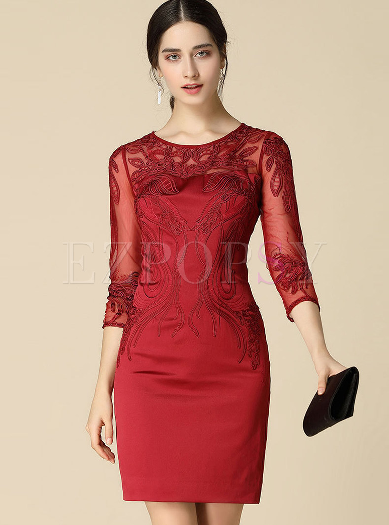Wine Red Sexy Embroidery Three Quarters Sleeve Bodycon Dress