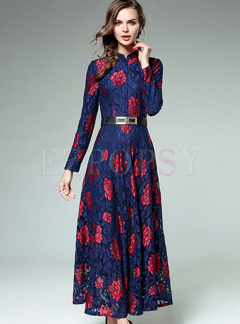 Vintage Stand Collar Floral Maxi Dress