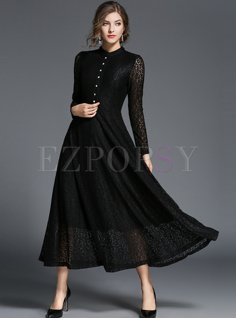Party Stand Collar Lace A-line Maxi Dress