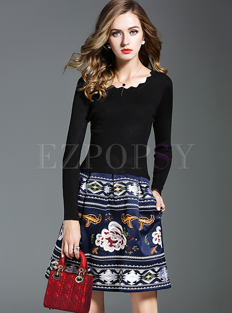 Stylish Patchwork Embroidery Knitted Skater Dress