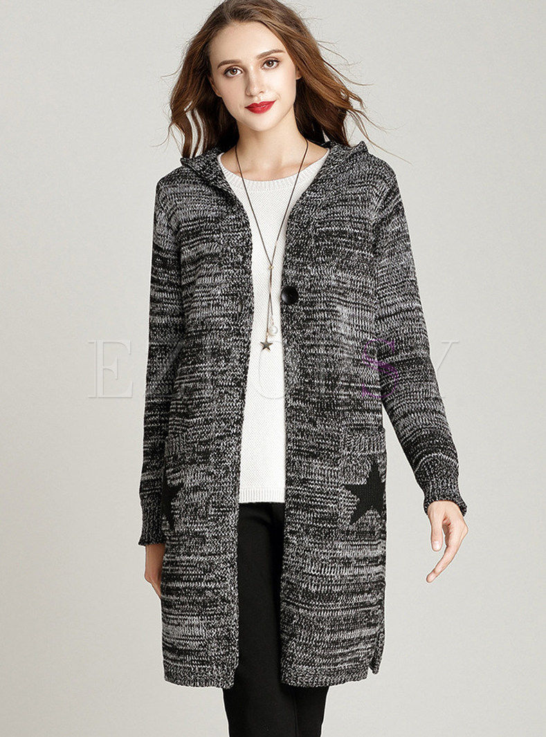 Hooded Knitted Star Pattern Sweater Coat