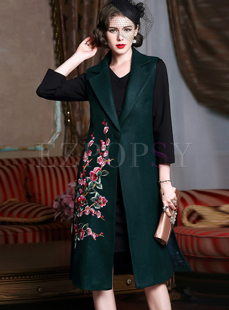 Vintage Sleeveless Turn Down Collar Embroidery Coat 
