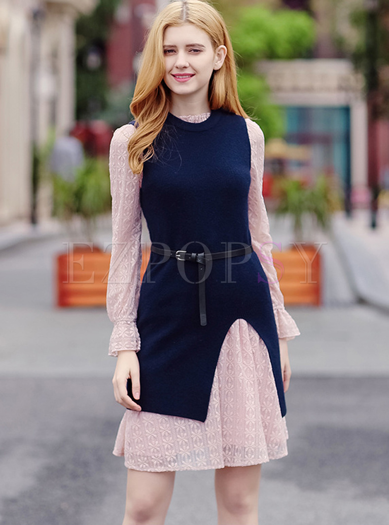 Pink Stand Collate Lace A-line Dress & Blue Split Knitted Vest
