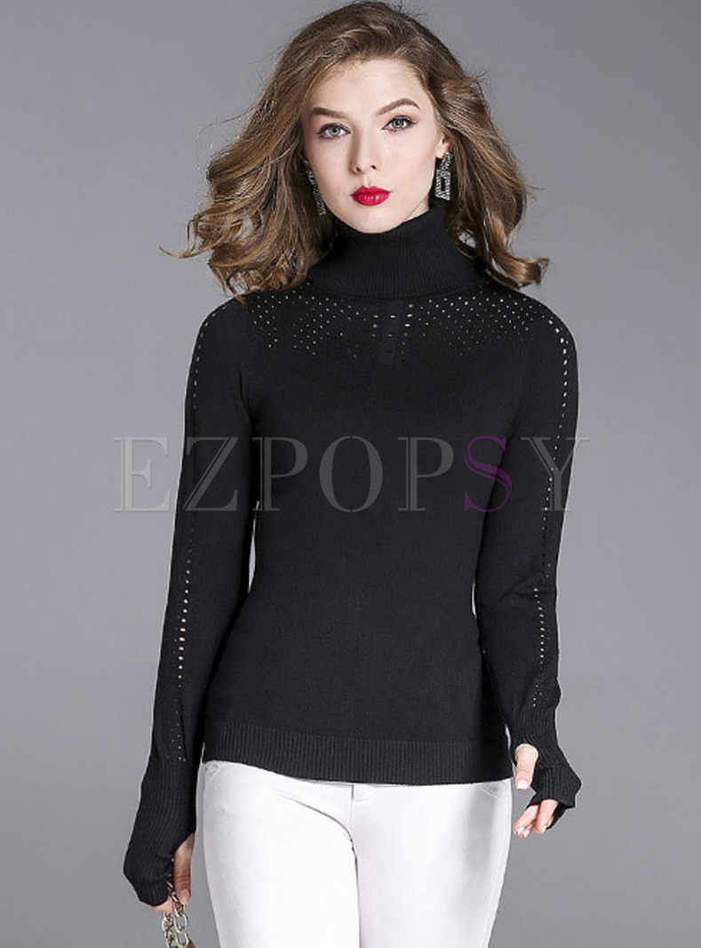 Black Turtle Neck Hollow Out Wool Knitted Sweater