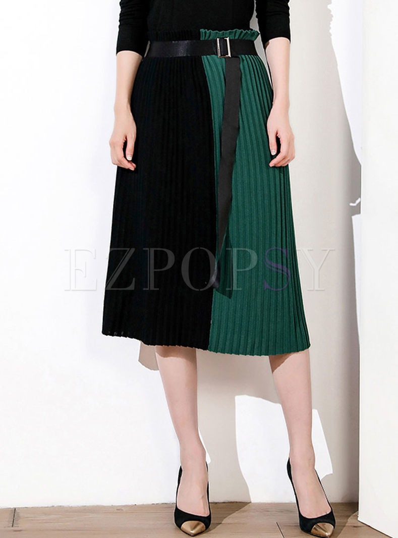 Hit Color Belted Stitching Pleated Skirt