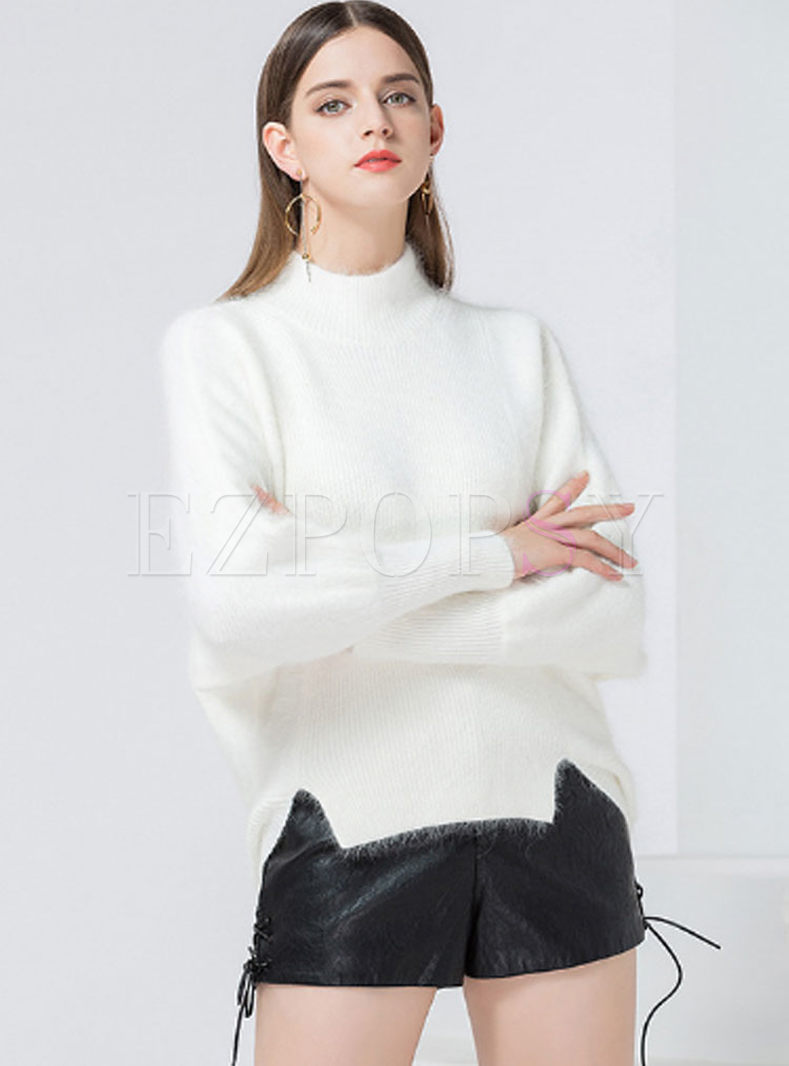 White Brief High Neck Pullover Asymmetric Sweater