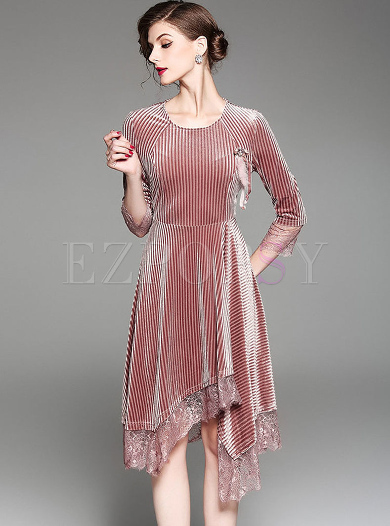 Elegant Striped Lace Splicing Asymmetric Skater Dress