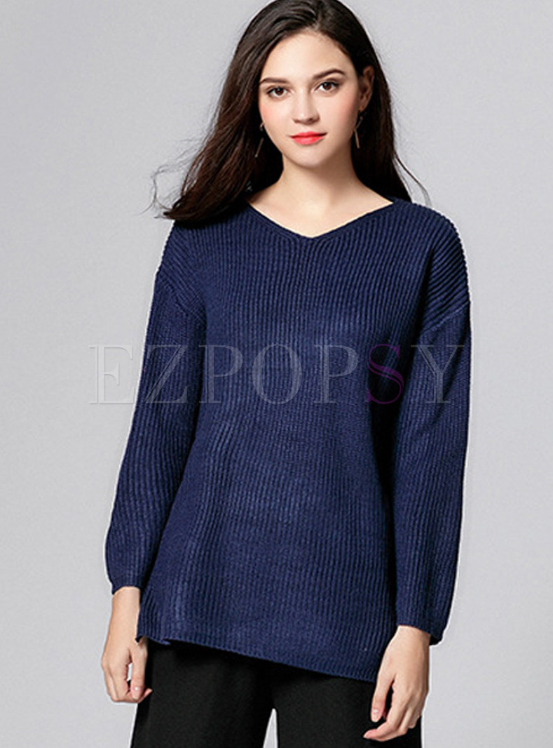 Tops | Sweaters | Navy Blue Casual V-neck Loose Sweater