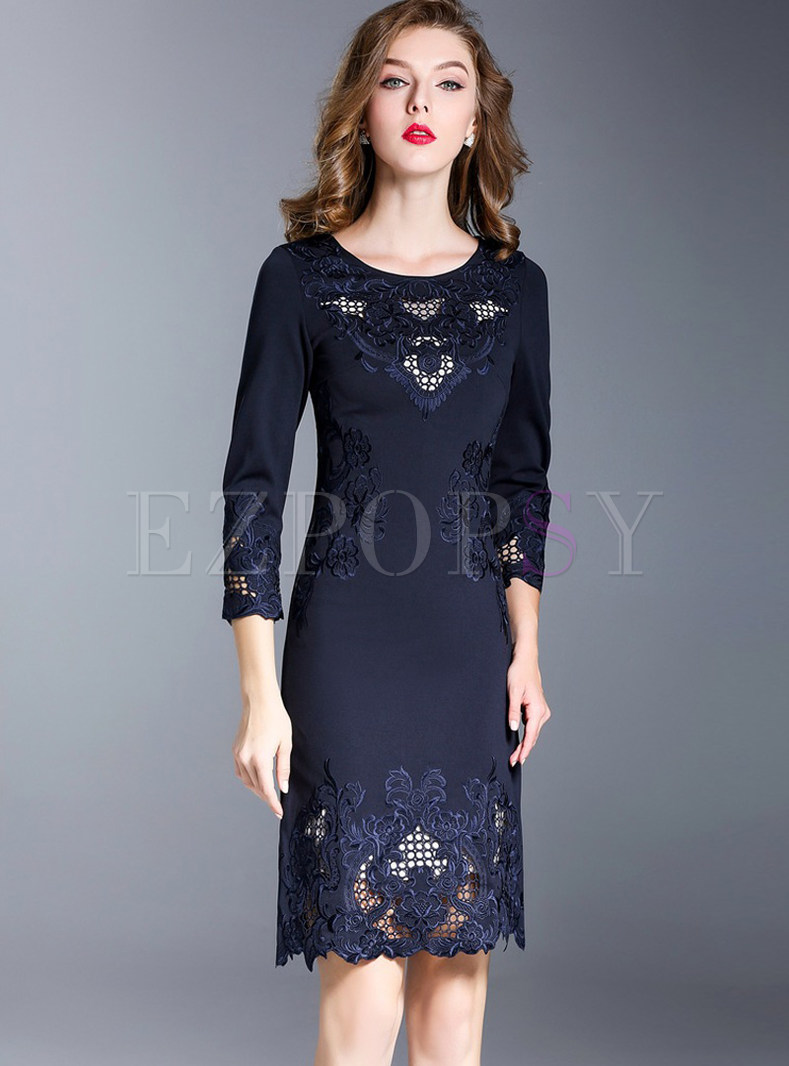 Navy Blue Slim Hollow Out Embroidery Bodycon Dress