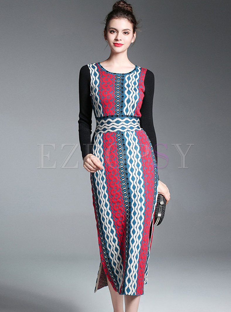 Ethnic Slit Long Sleeve Knitted Dress