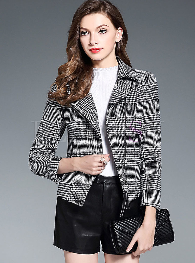Grey Plaid Turn Down Collar Short Woolen Coat
