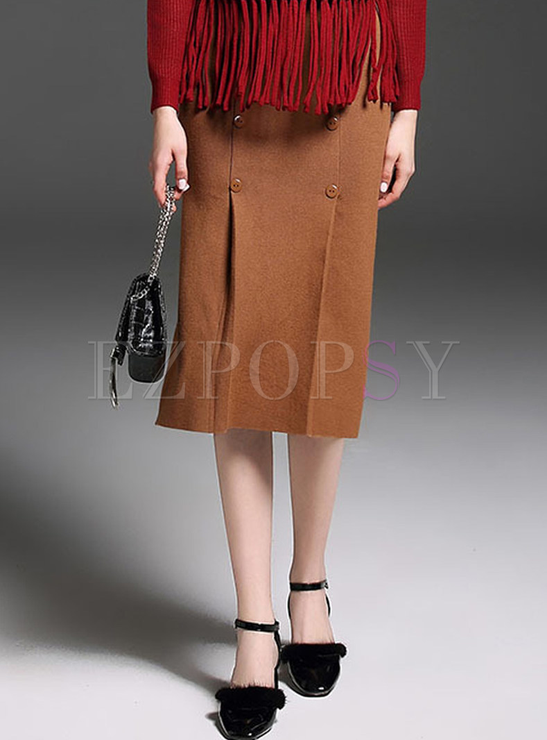 Brief Pure Color Double-breasted Knee-length Skirt