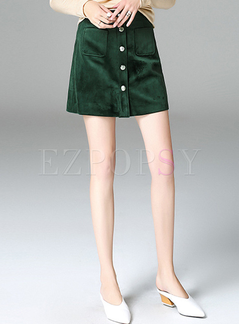 Green Brief Single-breasted Mini Skirt
