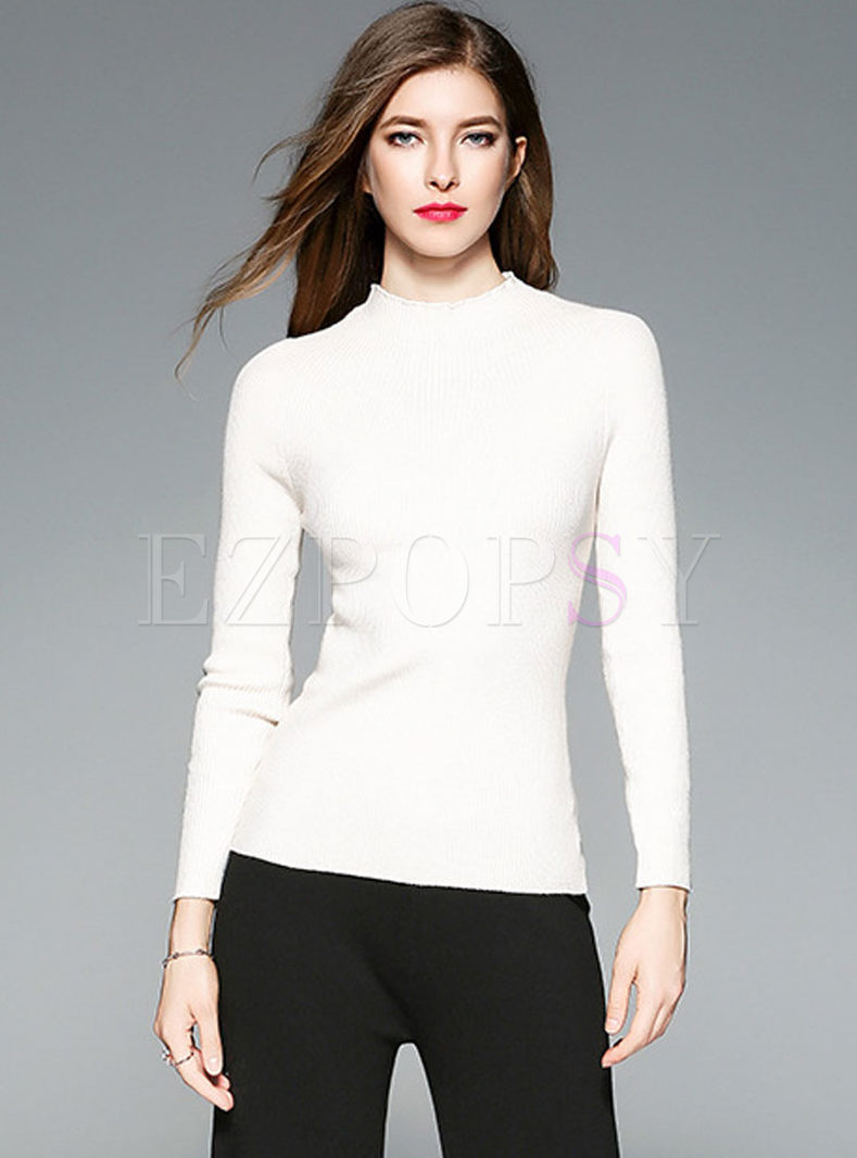 Brief Stand Collar Slim Cashmere Long Sleeve Sweater