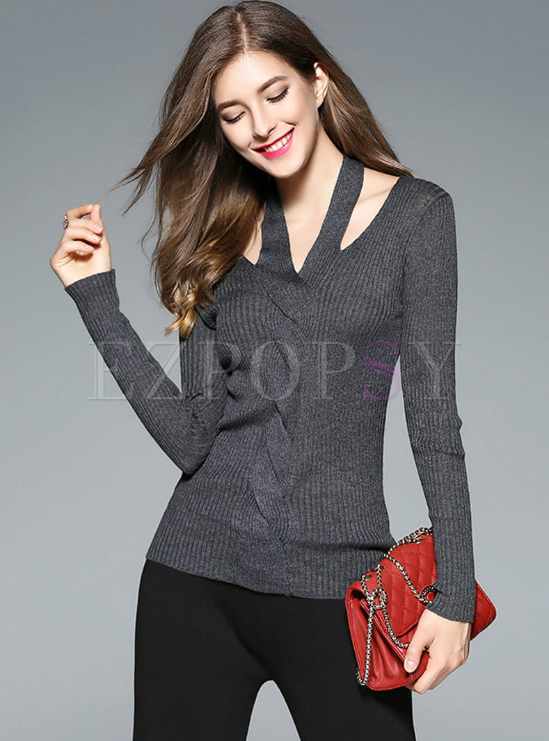 Sexy Hollow Out V-neck Knitted Sweater