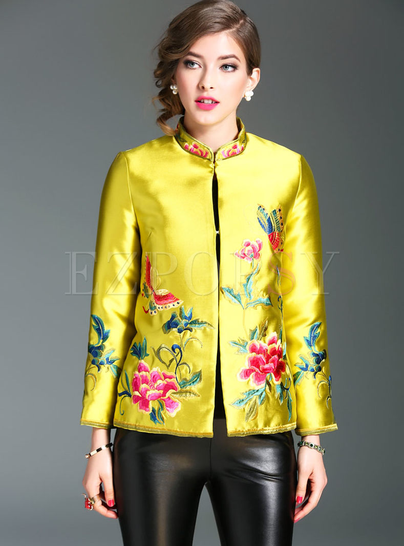 Ethnic Embroidery Stand Collar Short Coat