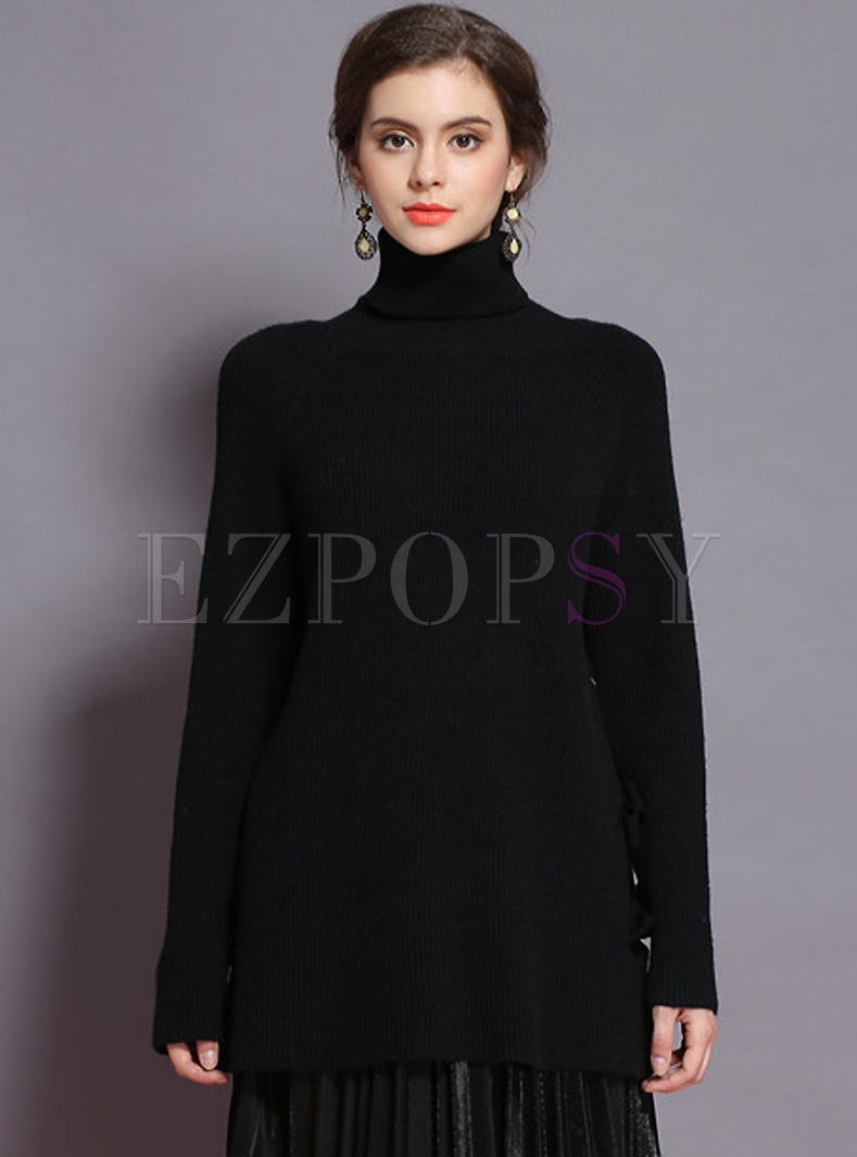 Black Loose Tied High Neck Sweater