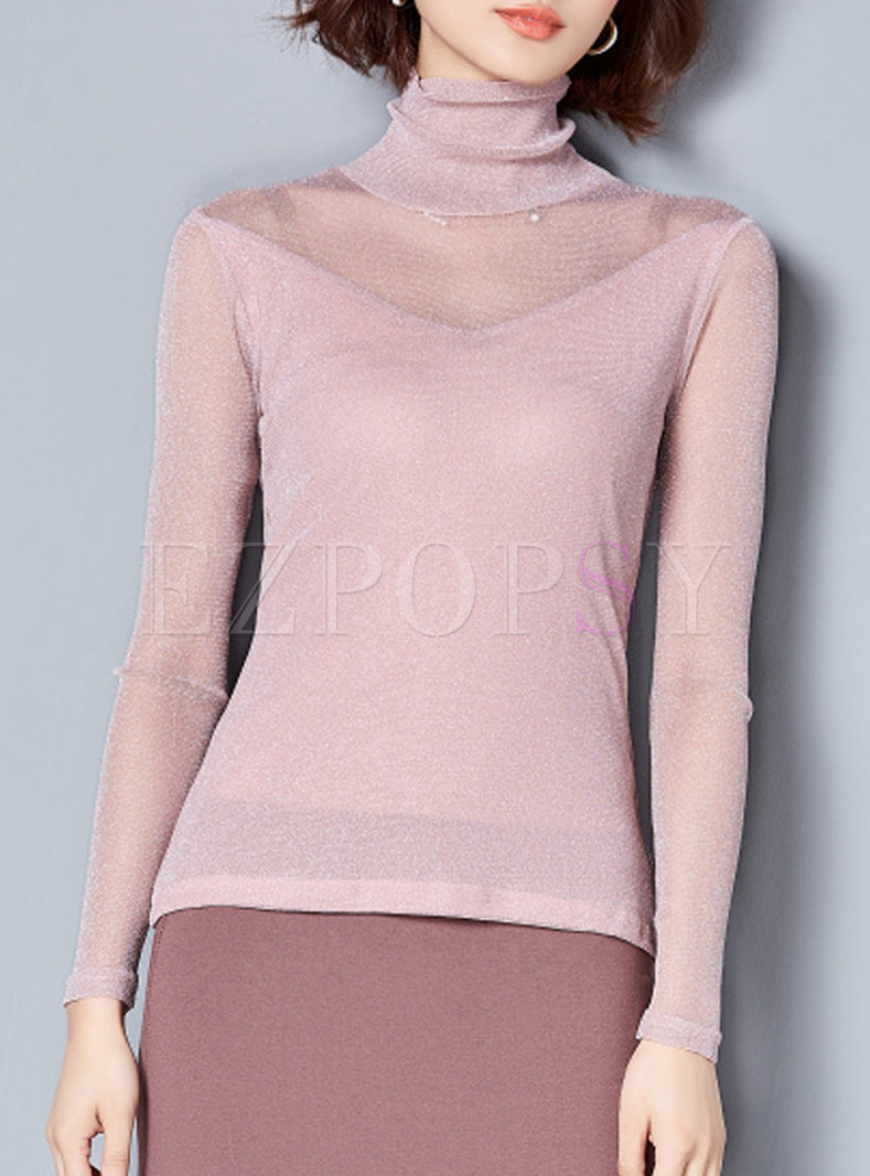 Pink Sexy High Neck Hollow Out T-shirt