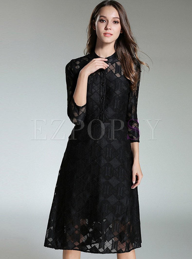 Black Brief Lace Stand Collar Skater Dress
