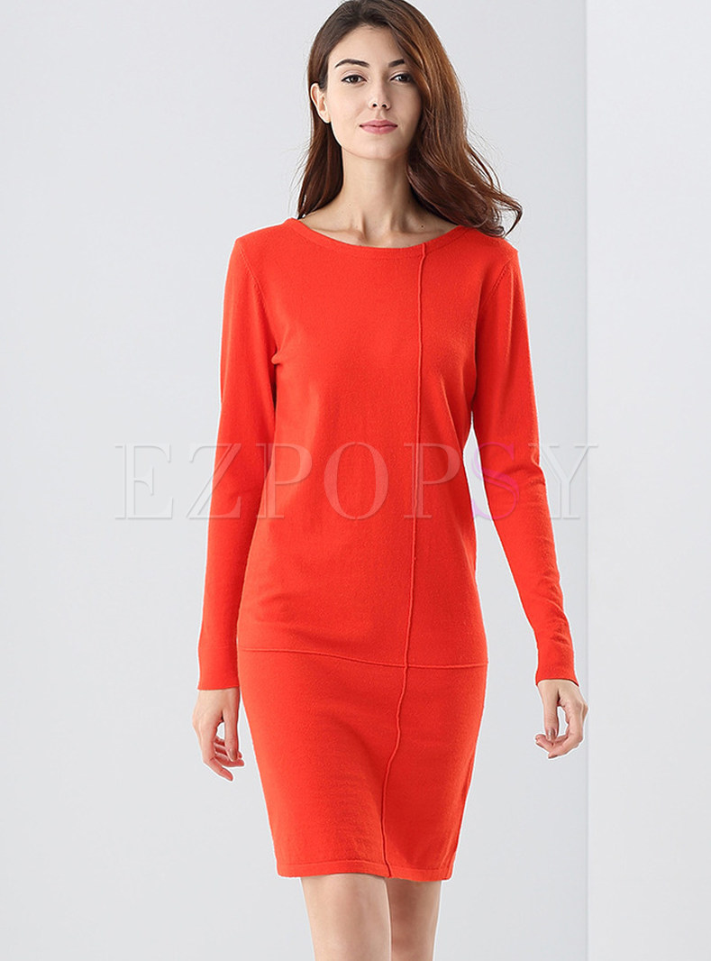 Red Brief Slim O-neck Long Sleeve Knitted Dress