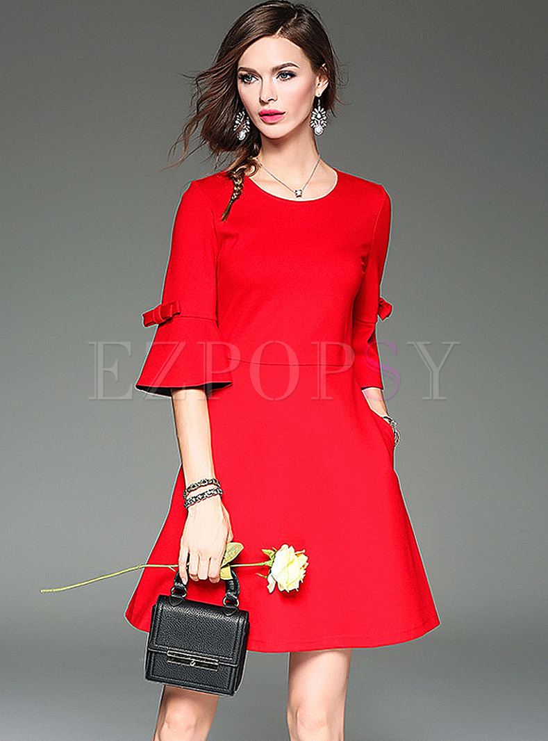 Dresses | Skater Dresses | Red Flare Sleeve Cotton A-line Dress