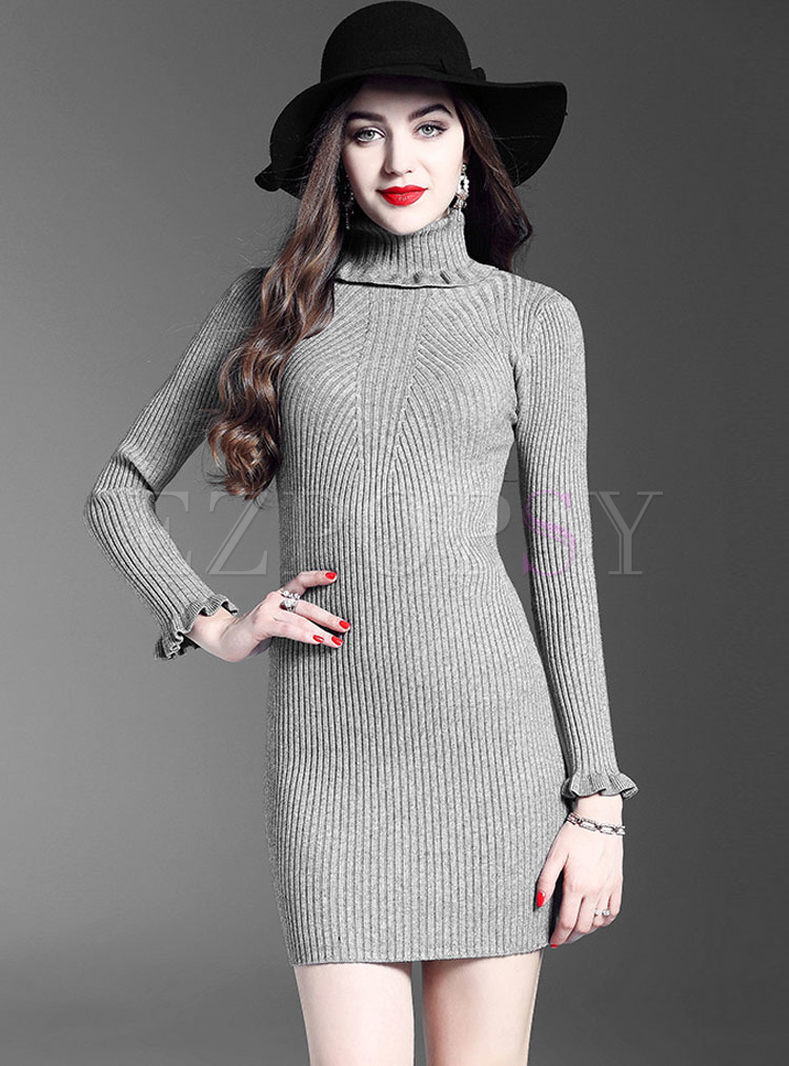 Brief High Neck Lotus Leaf Sleeve Knitted Dress