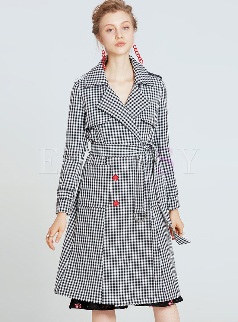 Stylish Checked Double-breasted Tie Waist Trench Coat
