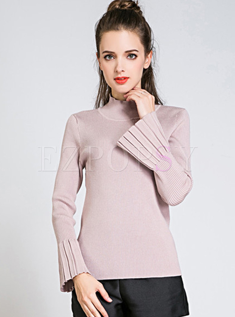 Pink Brief High Neck Bell Sleeve Sweater