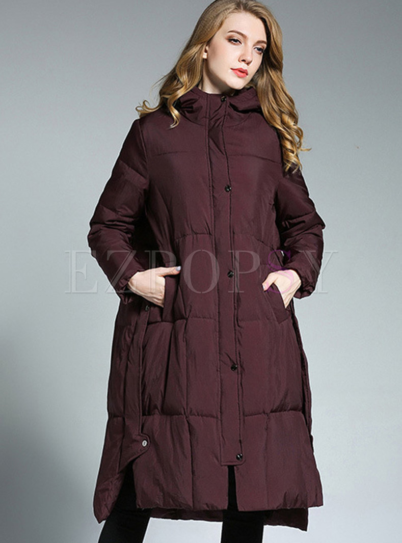 Wine Red Casual Hooded Straight Knee-length Down Coat