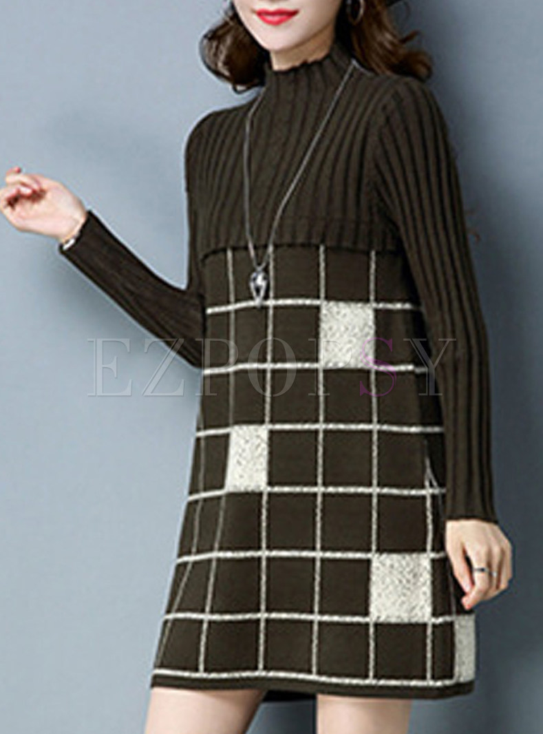 Fashion High Neck Checked Patch Knitted Dress