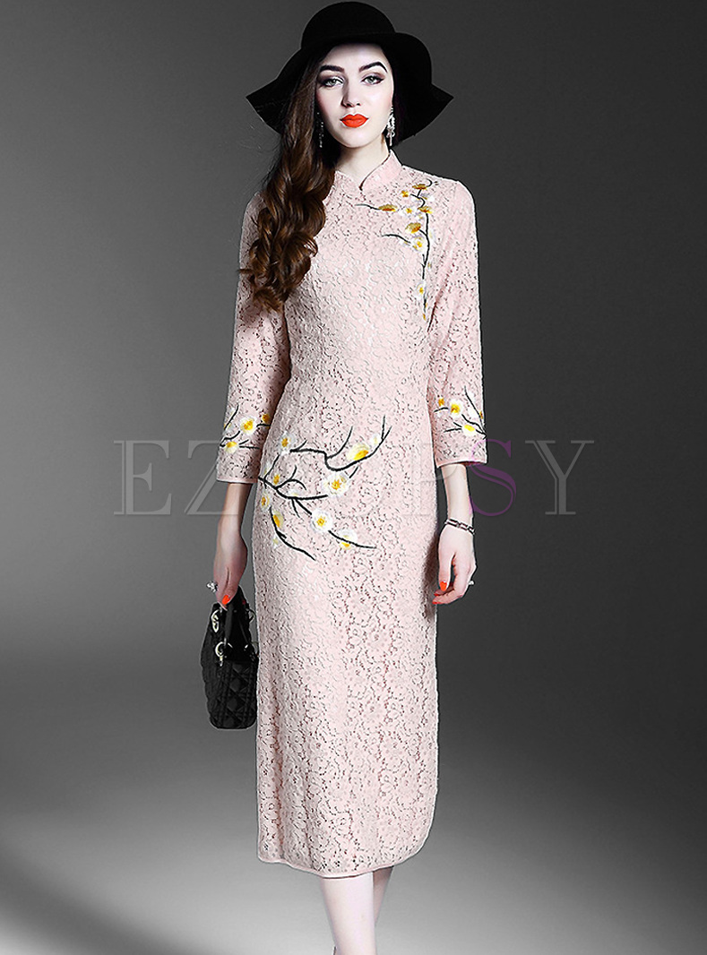 Vintage Lace Embroidery Improved Cheongsam Dress