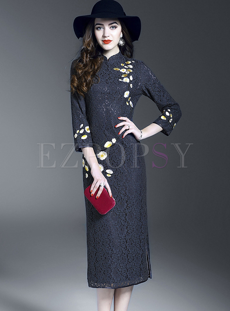 Vintage Lace Embroidery Improved Cheongsam Dress